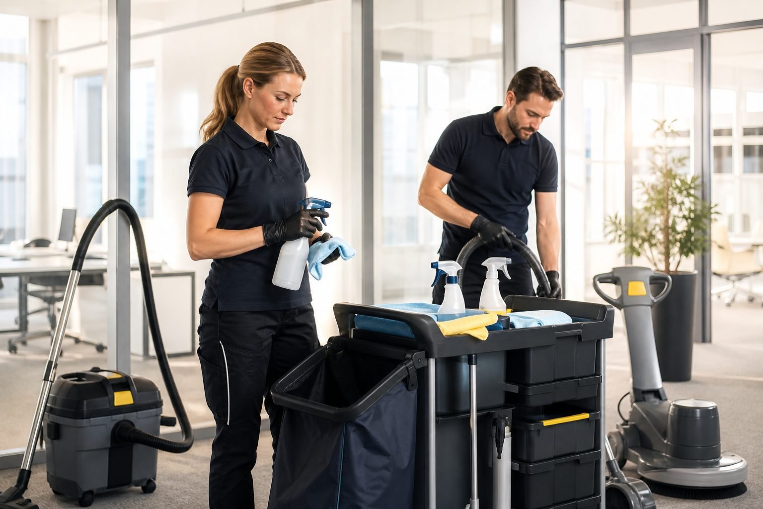 Professionelles Reinigungsteam mit Ausrüstung